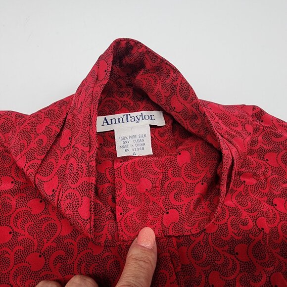 Ann Taylor Red Silk Button Up Top With High Band Collar Gathered VTG 1980s - Picture 4 of 6